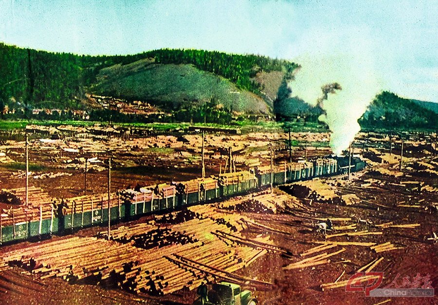 P8下 大量木材通过铁践运往全国各地，图为1958年图里河林业局贮木场.jpg