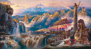 曹勇巨画《中国》将代表中华民族传统精神的黄河、兵马俑、天安门等元素组合在一起，气势磅礴。