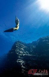 在蓝洞赛创下中国自由潜水纪录后，王奥林获得了一个新的称呼—“中国最帅的美人鱼”。 摄影 宋刚