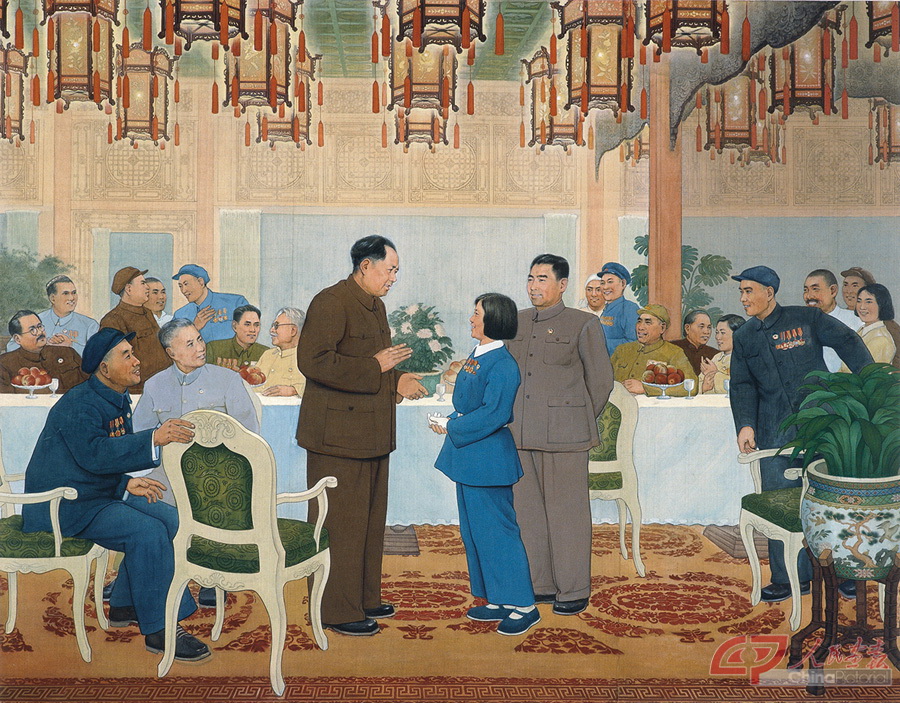 33.林岗，《群英会上赵桂兰》，176.5x213.5cm，1950，绢本设色，中央美术学院美术馆.jpg