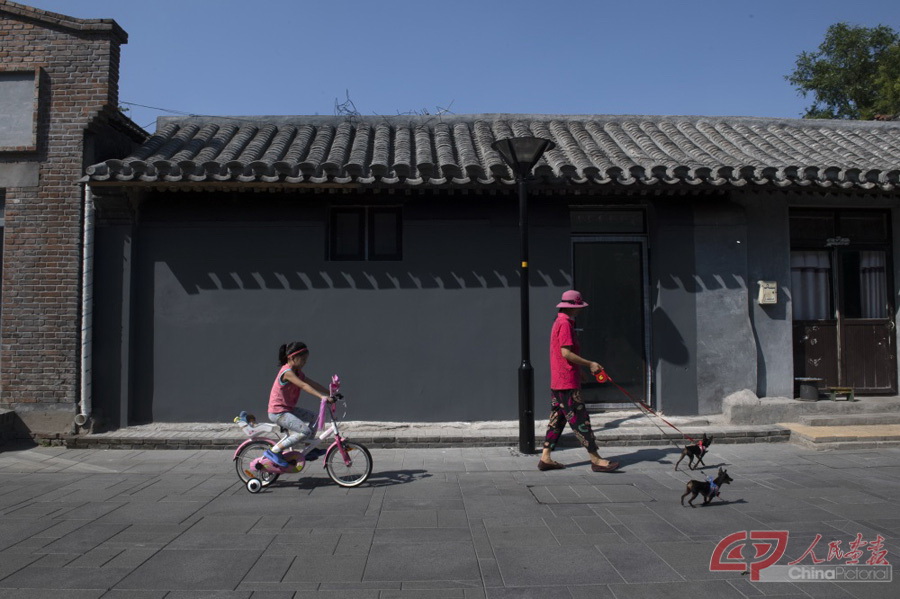 1-04,2018年9月9日，北京前门打磨厂胡同。灰墙砖瓦房，孩子骑车跟在遛狗的大人身后。吴波（中国）摄.jpg