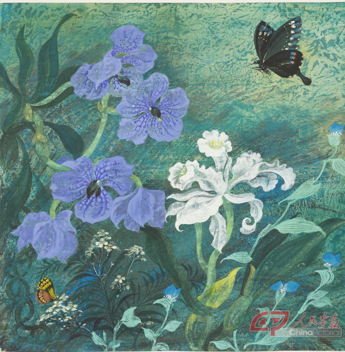 25、常沙娜，蝴蝶与花，45x45cm，90年代，水粉，纸本.jpg