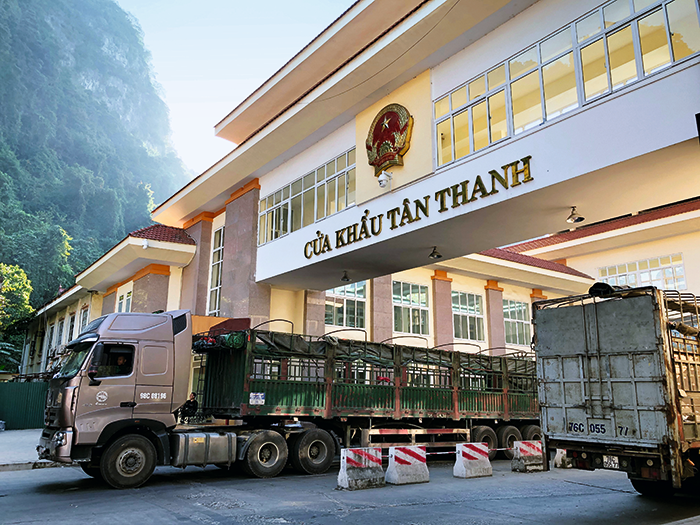 繁忙穿梭于浦寨口岸的越南货车。摄影唐涛.png