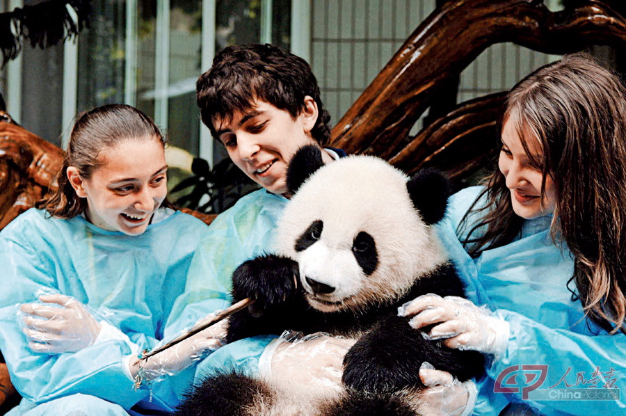 2006年5月27日，14岁的扎丽娜（左）、16岁的泰穆拉兹（中）和16岁的伊连娜（右）将大熊猫“晶晶”抱在怀中。这是他们第一次亲眼见到中国大熊猫。65197262_8.jpg